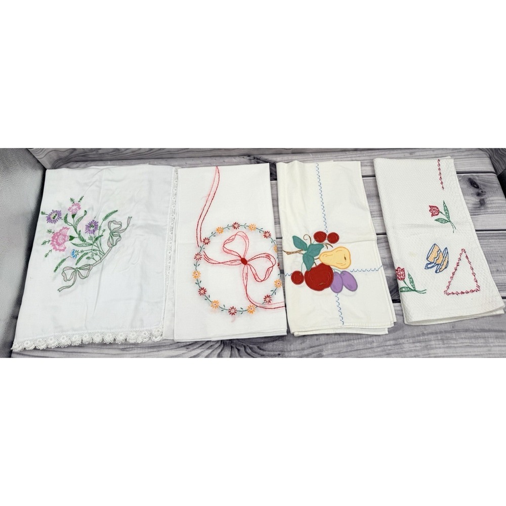 LOT OF 4 VINTAGE EMBROIDERED SMALL TABLECLOTHS - FLORAL, FRUIT, TEACUPS